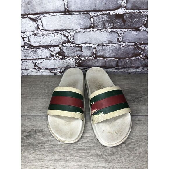 GUCCI Web White Rubber Logo Casual Slides Designer Sandals Men’s Sz 11M US/44EU - Picture 12 of 16